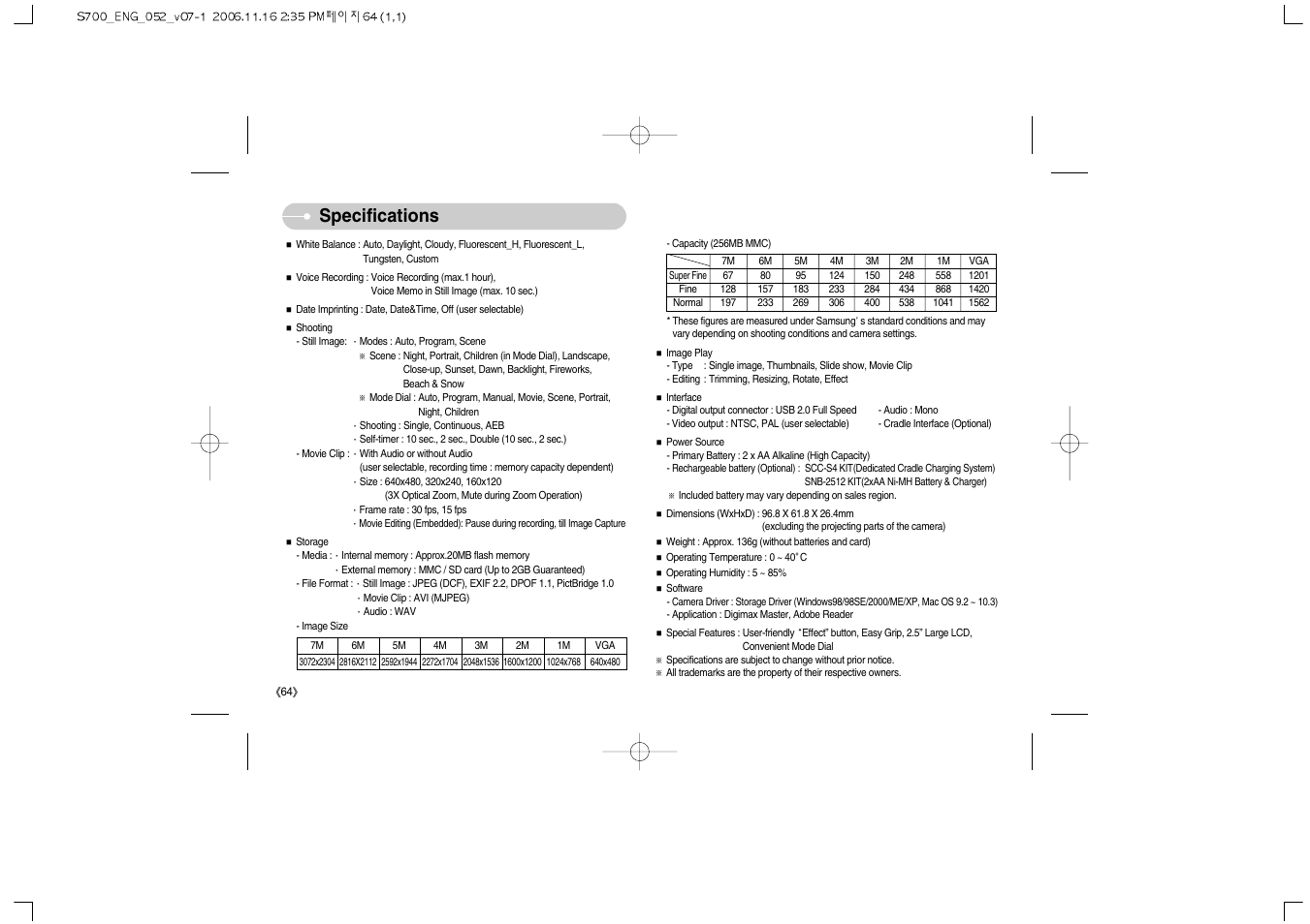 Specifications | Samsung Digimax S700 User Manual | Page 65 / 78