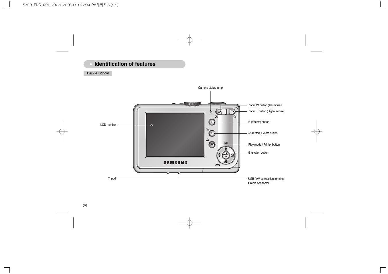 Identification of features | Samsung Digimax S700 User Manual | Page 7 / 78
