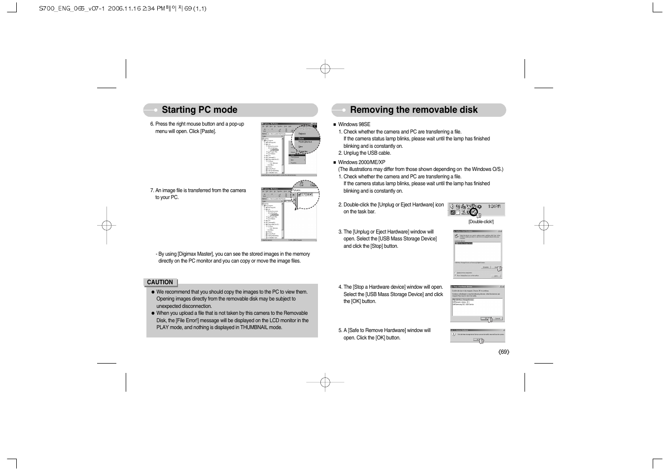 Removing the removable disk starting pc mode | Samsung Digimax S700 User Manual | Page 70 / 78