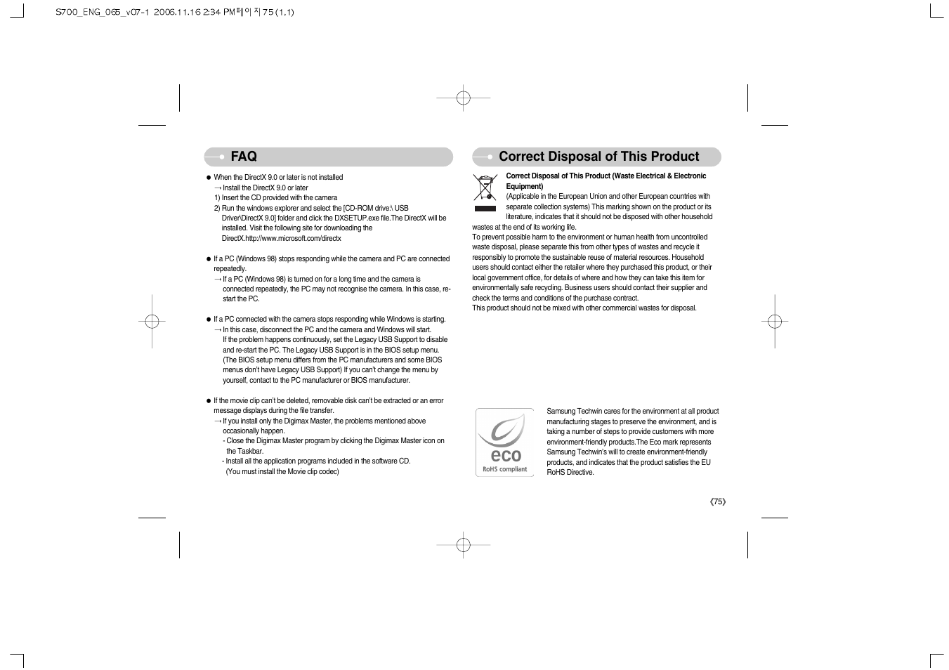 Faq correct disposal of this product | Samsung Digimax S700 User Manual | Page 76 / 78