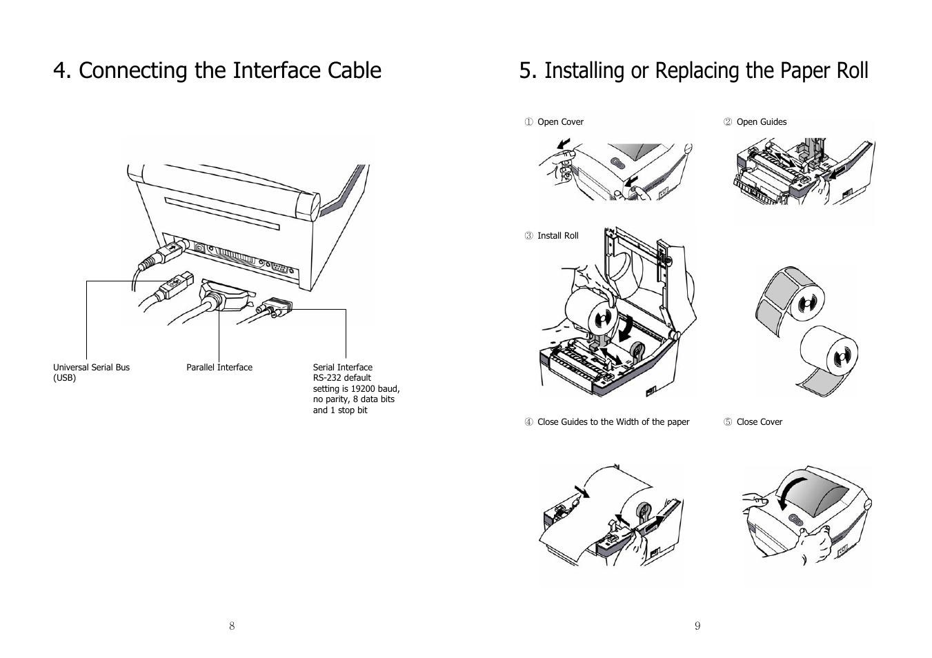 Connecting the interface cable, Installing or replacing the paper roll | Samsung JE68-00131B User Manual | Page 5 / 14