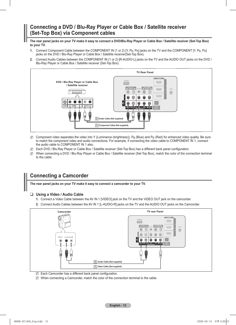 Connecting a camcorder, Using a video / audio cable | Samsung BN68-02140A-00 User Manual | Page 12 / 92