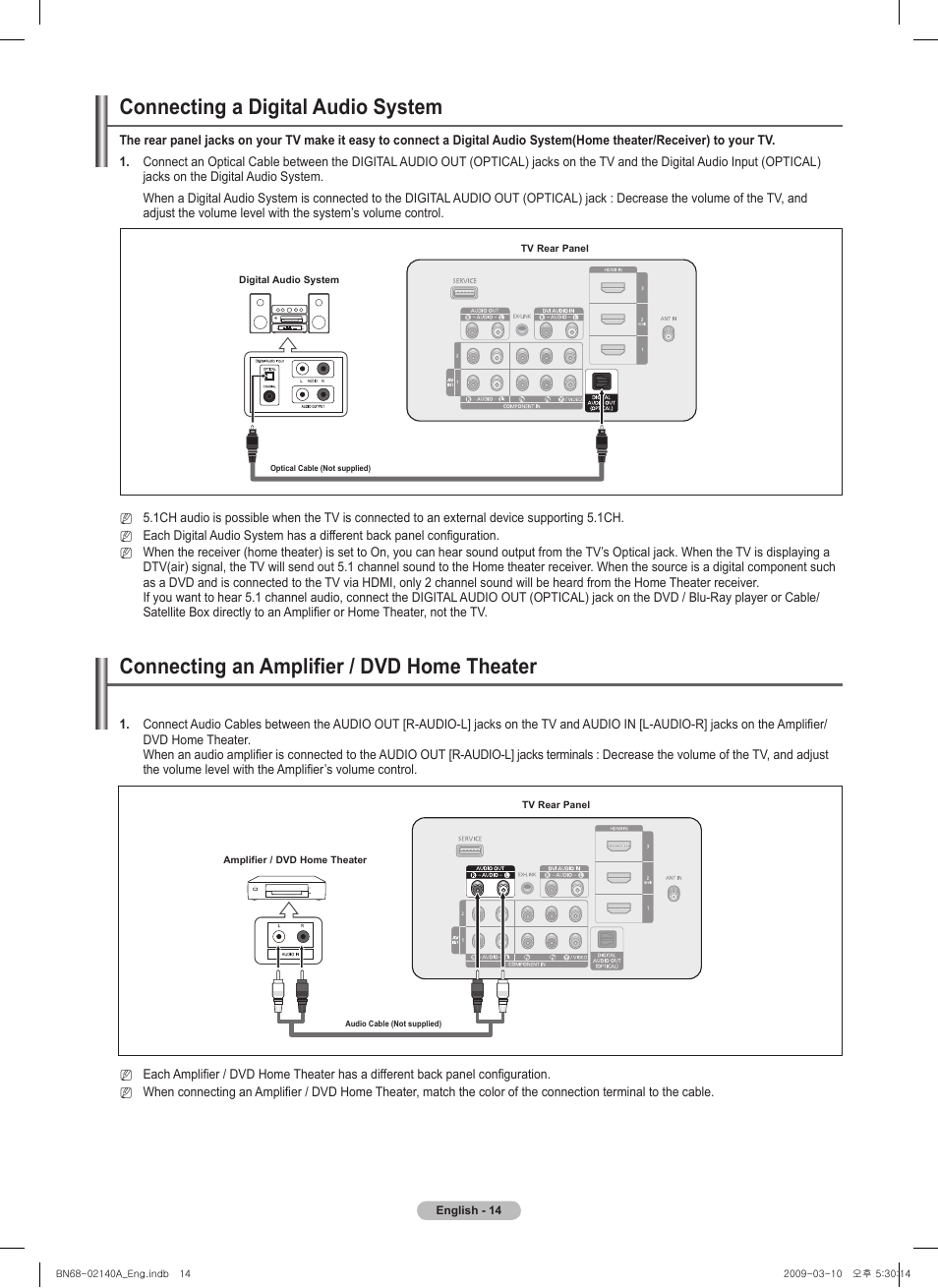 Connecting a digital audio system, Connecting an amplifier / dvd home theater | Samsung BN68-02140A-00 User Manual | Page 14 / 92