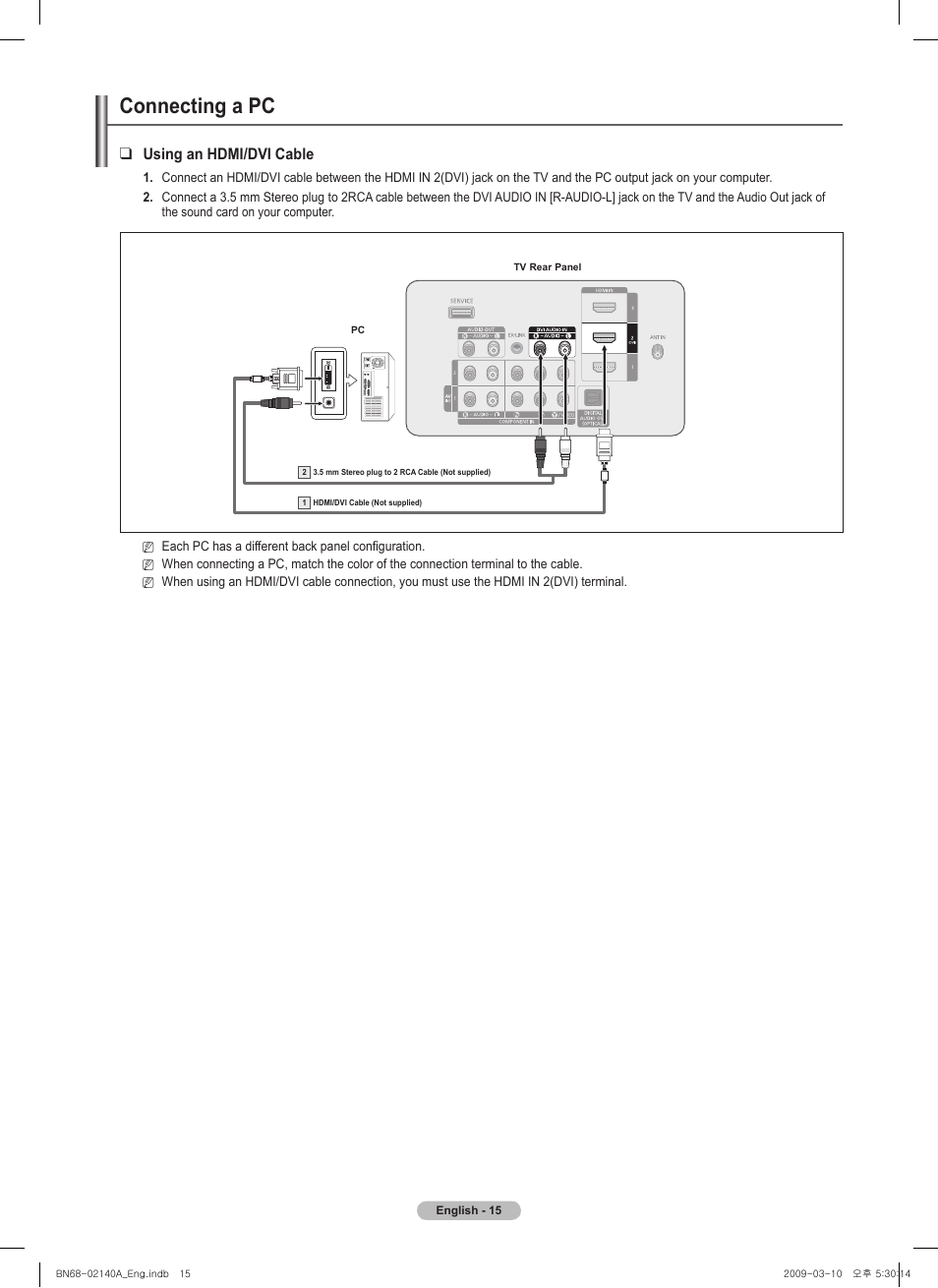 Connecting a pc, Using an hdmi/dvi cable | Samsung BN68-02140A-00 User Manual | Page 15 / 92