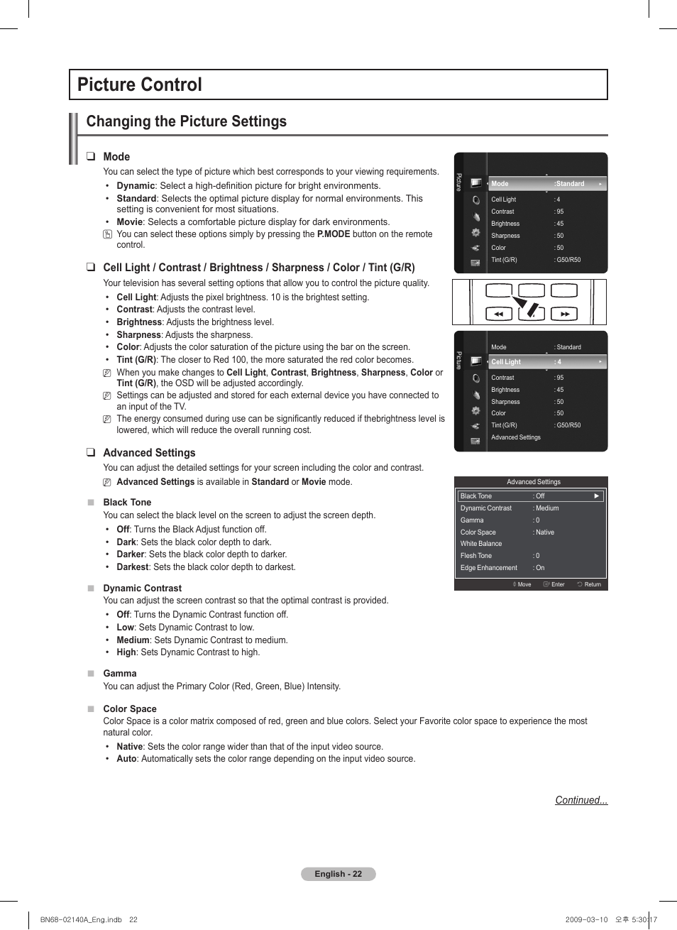 Picture control, Changing the picture settings, Mode | Advanced settings | Samsung BN68-02140A-00 User Manual | Page 22 / 92