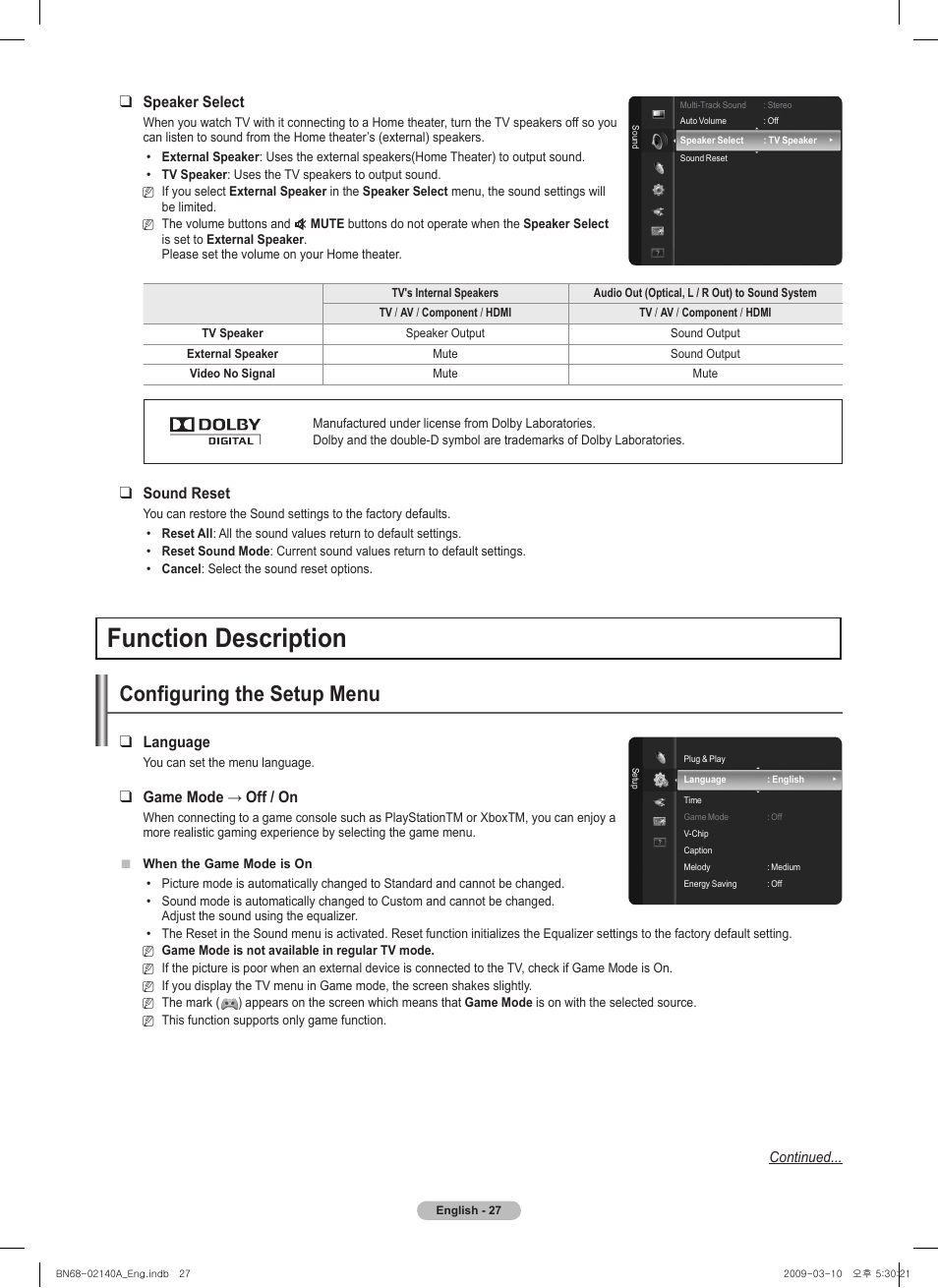 Function description, Configuring the setup menu, Speaker select | Sound reset, Language, Gamemode→off/on | Samsung BN68-02140A-00 User Manual | Page 27 / 92