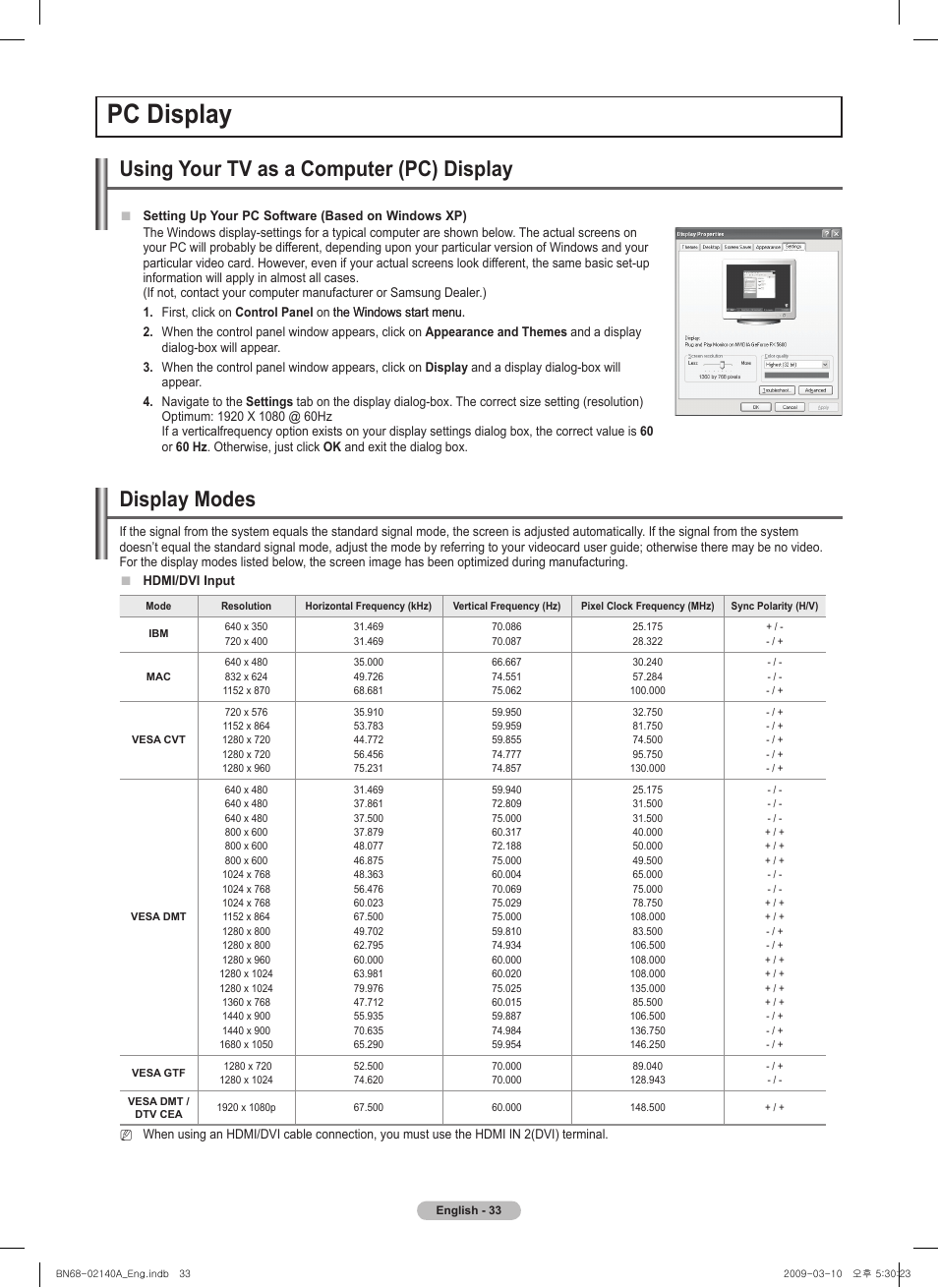 Pc display, Using your tv as a computer (pc) display, Display modes | Samsung BN68-02140A-00 User Manual | Page 33 / 92