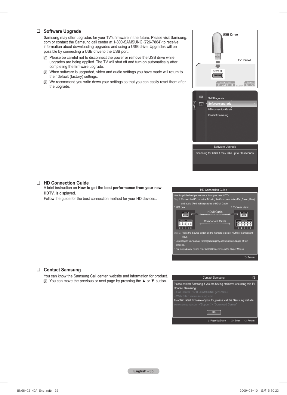 Software upgrade, Hd connection guide, Contact samsung | Samsung BN68-02140A-00 User Manual | Page 35 / 92