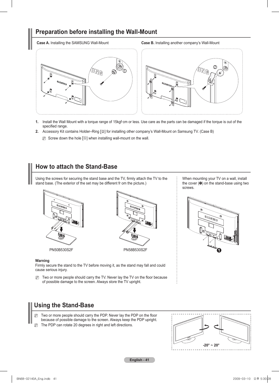 Preparation before installing the wall-mount, How to attach the stand-base, Using the stand-base | Samsung BN68-02140A-00 User Manual | Page 41 / 92