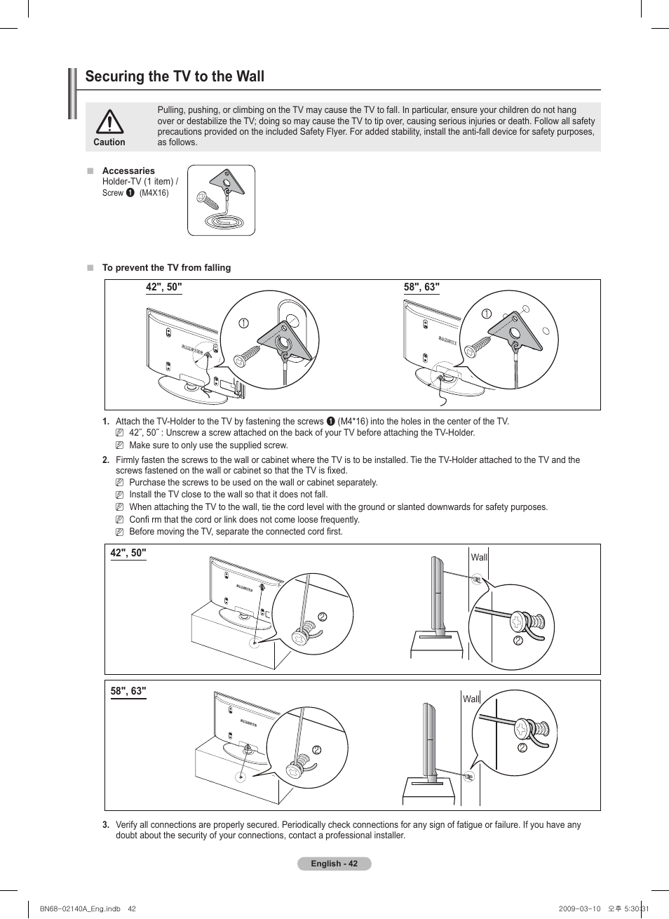 경고 주의 경고 주의, Securing the tv to the wall | Samsung BN68-02140A-00 User Manual | Page 42 / 92