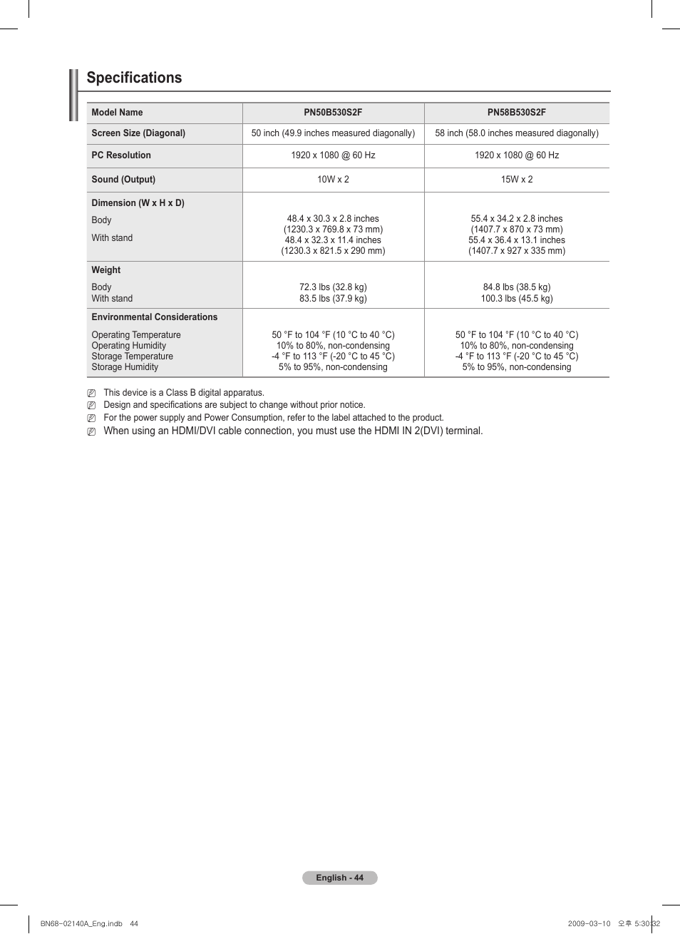 Specifications | Samsung BN68-02140A-00 User Manual | Page 44 / 92