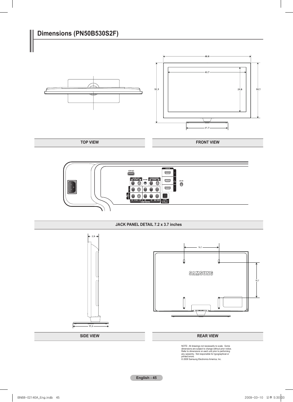 Dimensions (pn50b50sf) | Samsung BN68-02140A-00 User Manual | Page 45 / 92