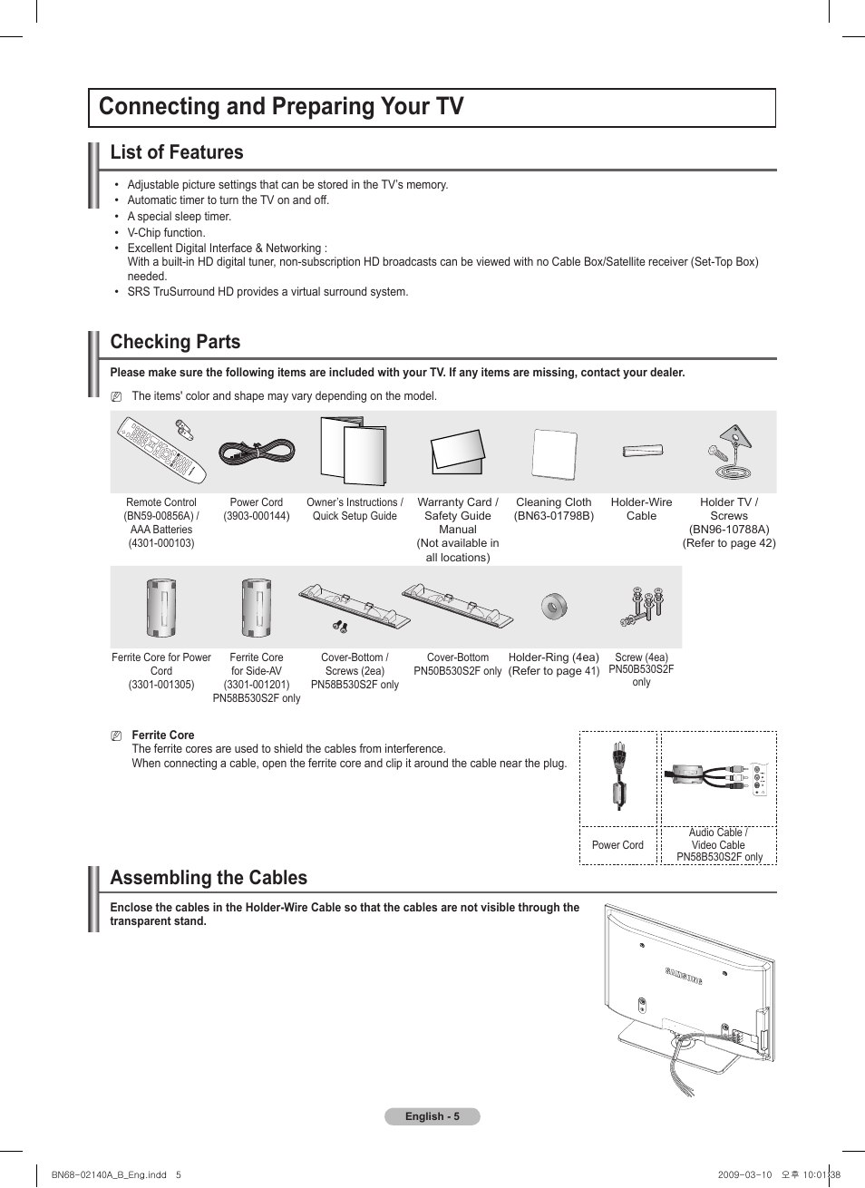 Connecting and preparing your tv, List of features, Checking parts | Assembling the cables | Samsung BN68-02140A-00 User Manual | Page 5 / 92