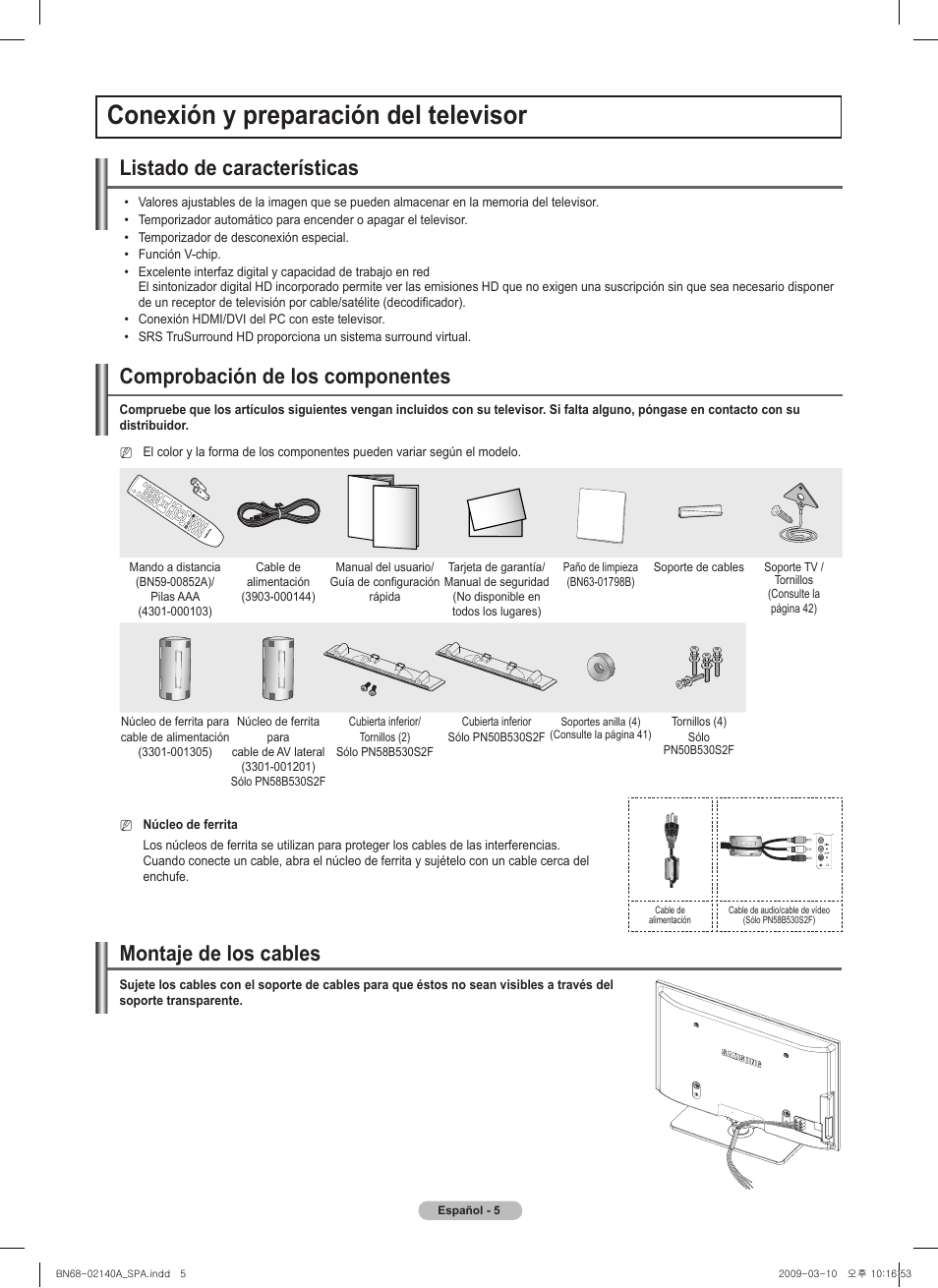 Conexión y preparación del televisor, Listado de características, Comprobación de los componentes | Montaje de los cables | Samsung BN68-02140A-00 User Manual | Page 50 / 92