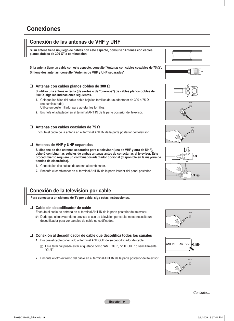 Conexiones, Conexión de las antenas de vhf y uhf, Conexión de la televisión por cable | Antenasconcablesplanosdoblesde300ω, Antenasconcablescoaxialesde75ω, Antenas de vhf y uhf separadas, Cable sin decodificador de cable | Samsung BN68-02140A-00 User Manual | Page 54 / 92