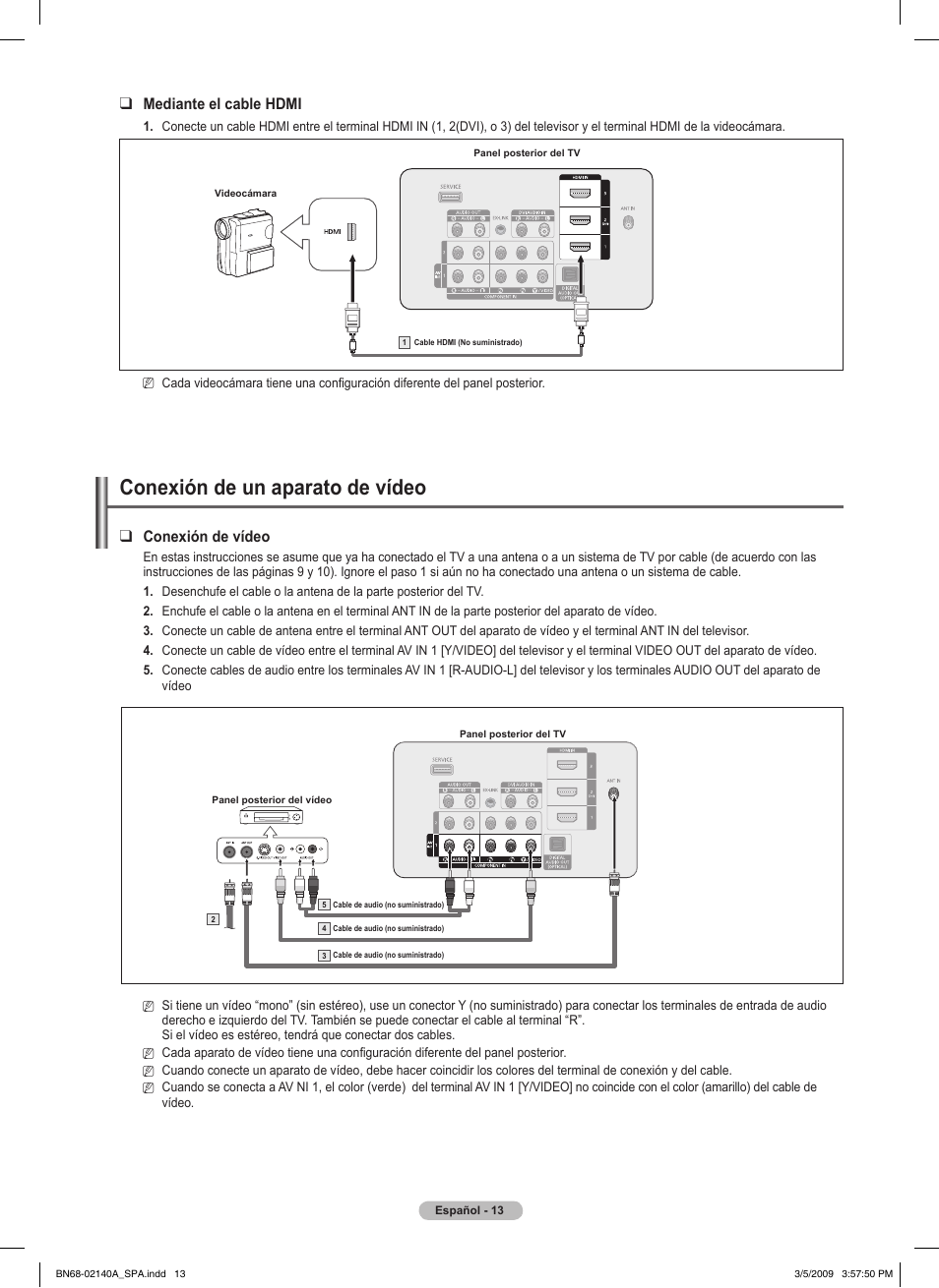 Conexión de un aparato de vídeo, Mediante el cable hdmi, Conexión de vídeo | Samsung BN68-02140A-00 User Manual | Page 58 / 92