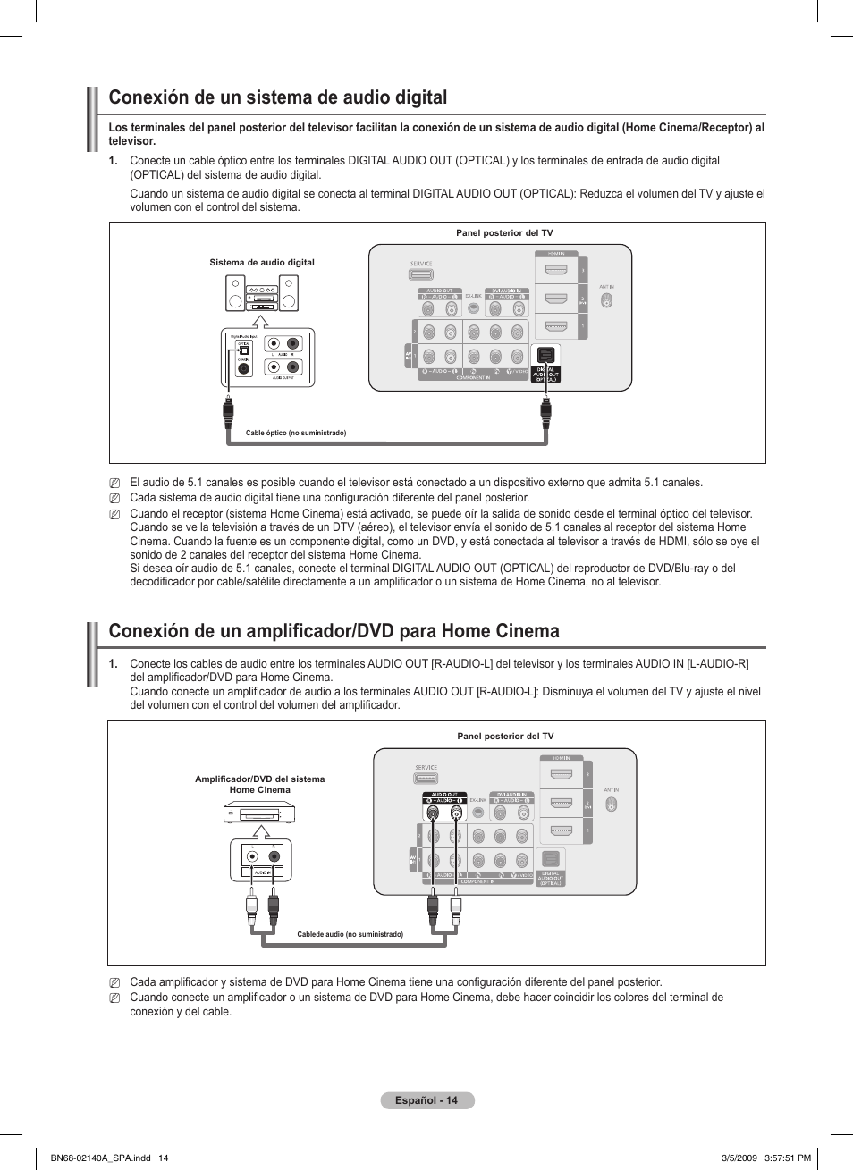 Conexión de un sistema de audio digital, Conexión de un amplificador/dvd para home cinema | Samsung BN68-02140A-00 User Manual | Page 59 / 92