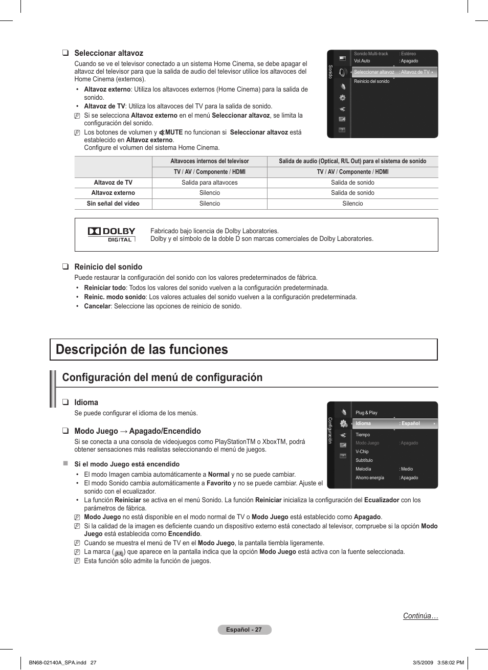 Descripción de las funciones, Configuración del menú de configuración, Seleccionar altavoz | Reinicio del sonido, Idioma, Modojuego→apagado/encendido | Samsung BN68-02140A-00 User Manual | Page 72 / 92