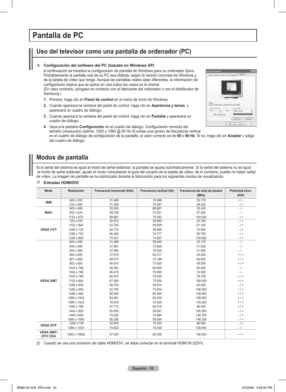Pantalla de pc, Modos de pantalla | Samsung BN68-02140A-00 User Manual | Page 78 / 92