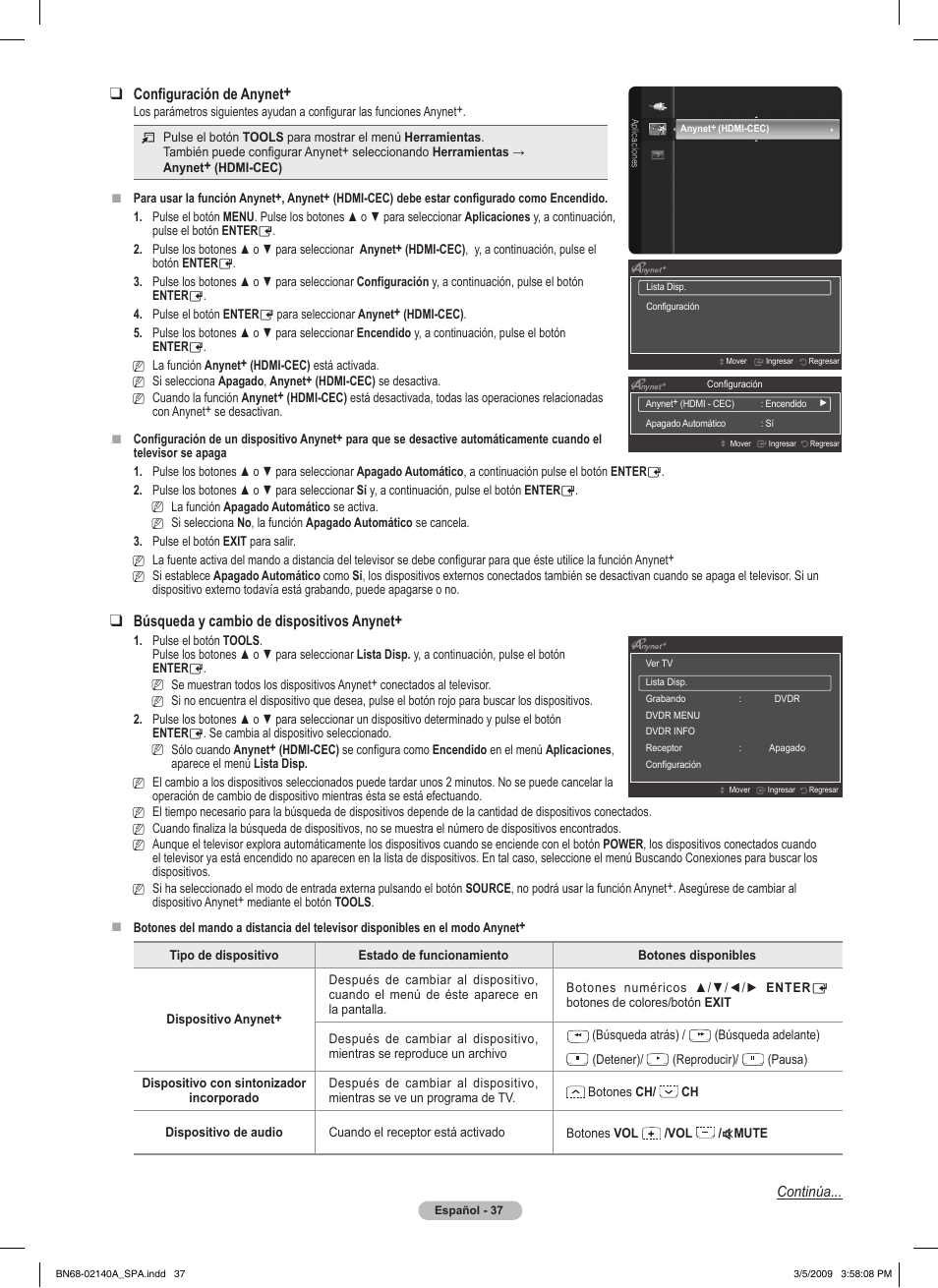 Configuración de anynet, Búsqueda y cambio de dispositivos anynet | Samsung BN68-02140A-00 User Manual | Page 82 / 92