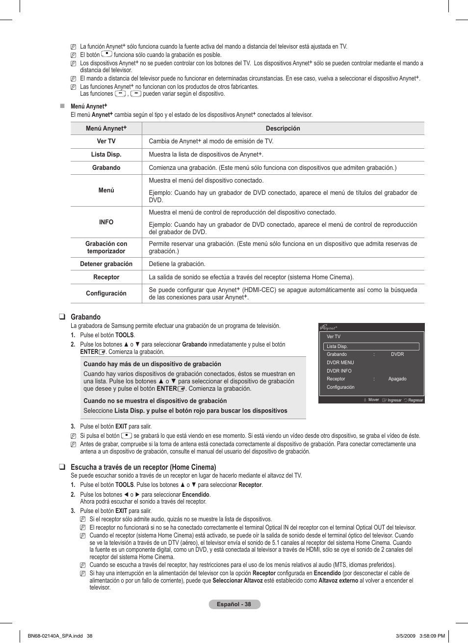 Grabando, Escucha a través de un receptor (home cinema) | Samsung BN68-02140A-00 User Manual | Page 83 / 92