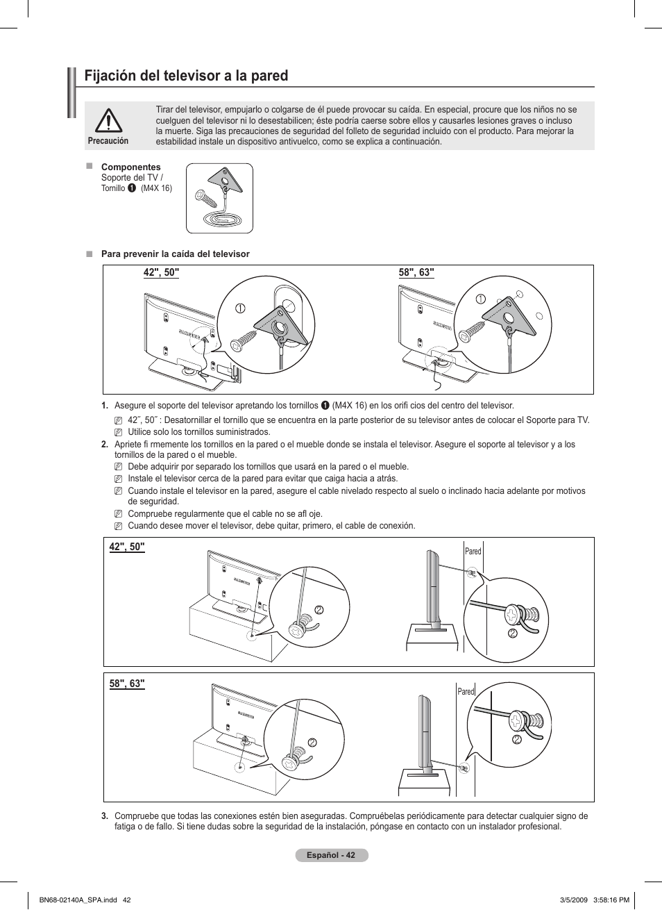 경고 주의 경고 주의, Fijación del televisor a la pared | Samsung BN68-02140A-00 User Manual | Page 87 / 92