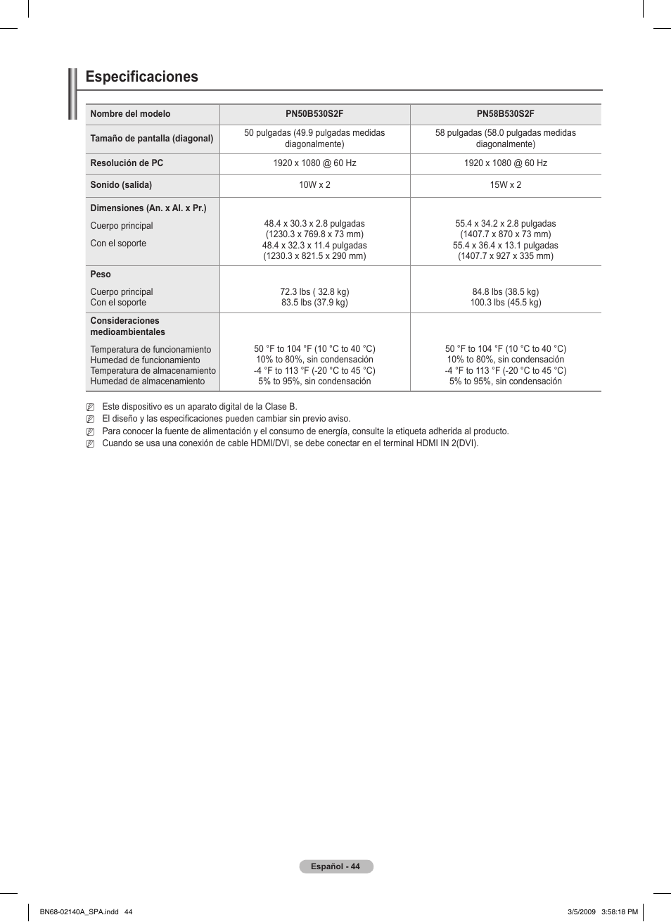 Especificaciones | Samsung BN68-02140A-00 User Manual | Page 89 / 92