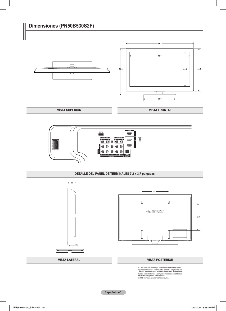 Dimensiones (pn50b50sf) | Samsung BN68-02140A-00 User Manual | Page 90 / 92
