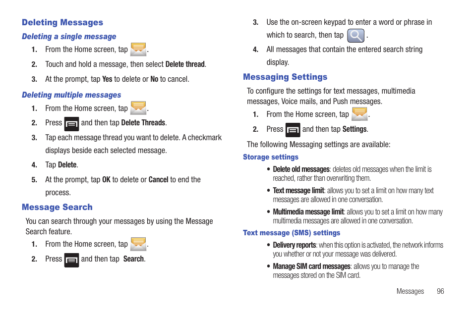 Deleting messages, Message search, Messaging settings | Samsung GALAXY S T959 User Manual | Page 101 / 246