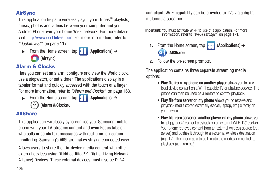 Airsync, Alarm & clocks, Allshare | Airsync alarm & clocks allshare | Samsung GALAXY S T959 User Manual | Page 130 / 246