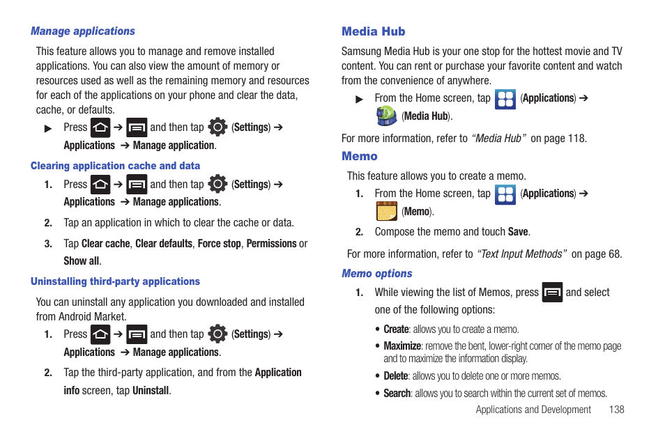 Media hub, Memo, Media hub memo | Samsung GALAXY S T959 User Manual | Page 143 / 246