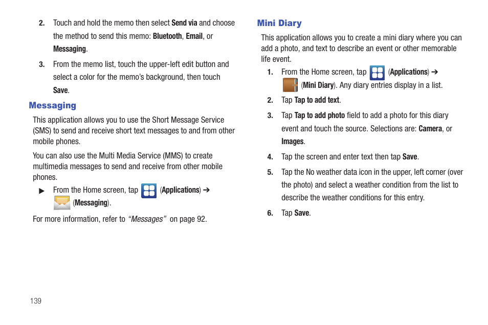 Messaging, Mini diary, Messaging mini diary | Samsung GALAXY S T959 User Manual | Page 144 / 246
