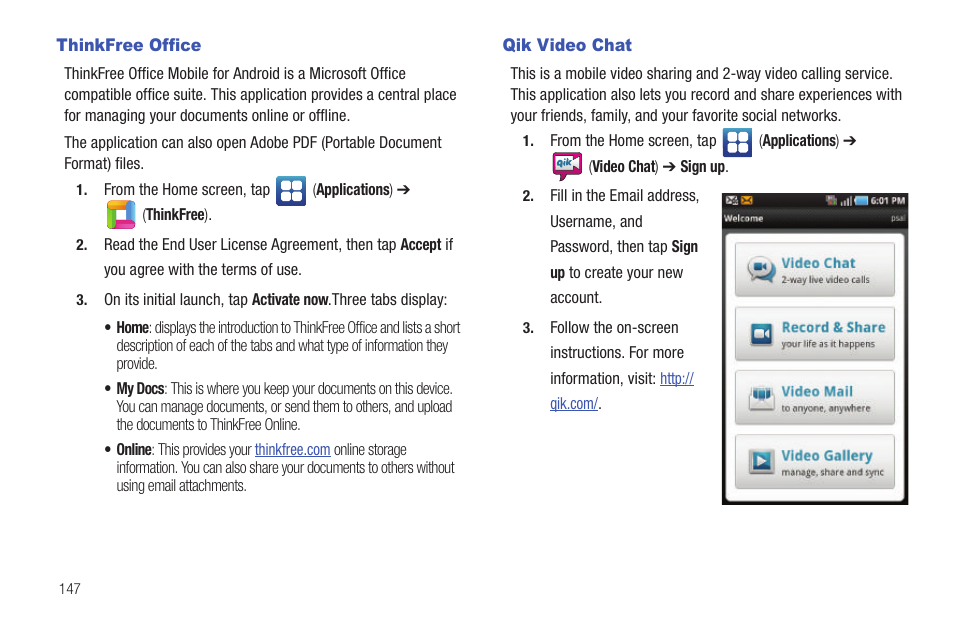 Thinkfree office, Qik video chat, Thinkfree office qik video chat | Samsung GALAXY S T959 User Manual | Page 152 / 246