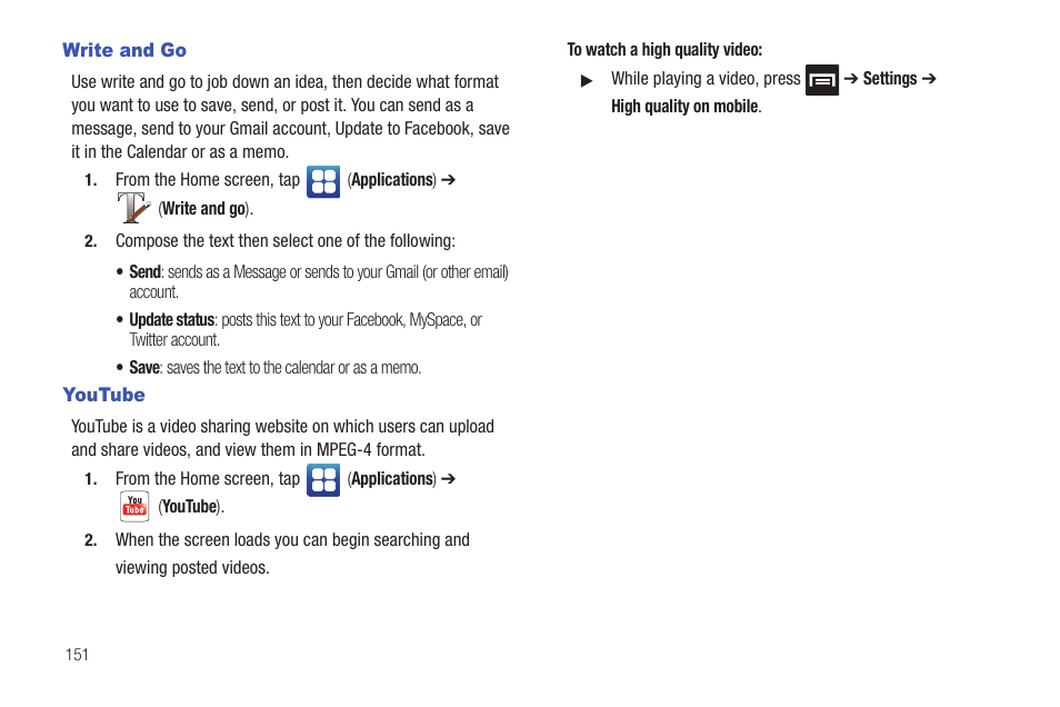 Write and go, Youtube, Write and go youtube | Samsung GALAXY S T959 User Manual | Page 156 / 246