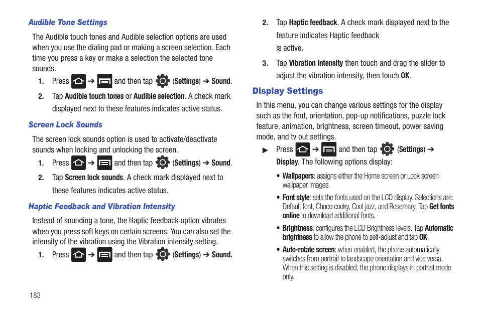 Display settings | Samsung GALAXY S T959 User Manual | Page 188 / 246