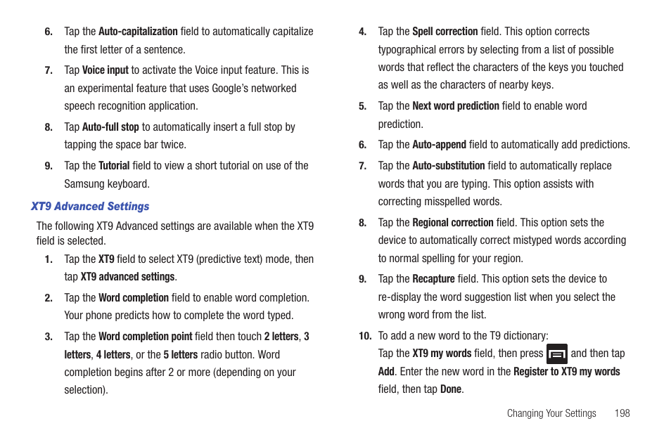 Edictive text method. for more, Information, refer to “xt9 advanced settings” on | Samsung GALAXY S T959 User Manual | Page 203 / 246