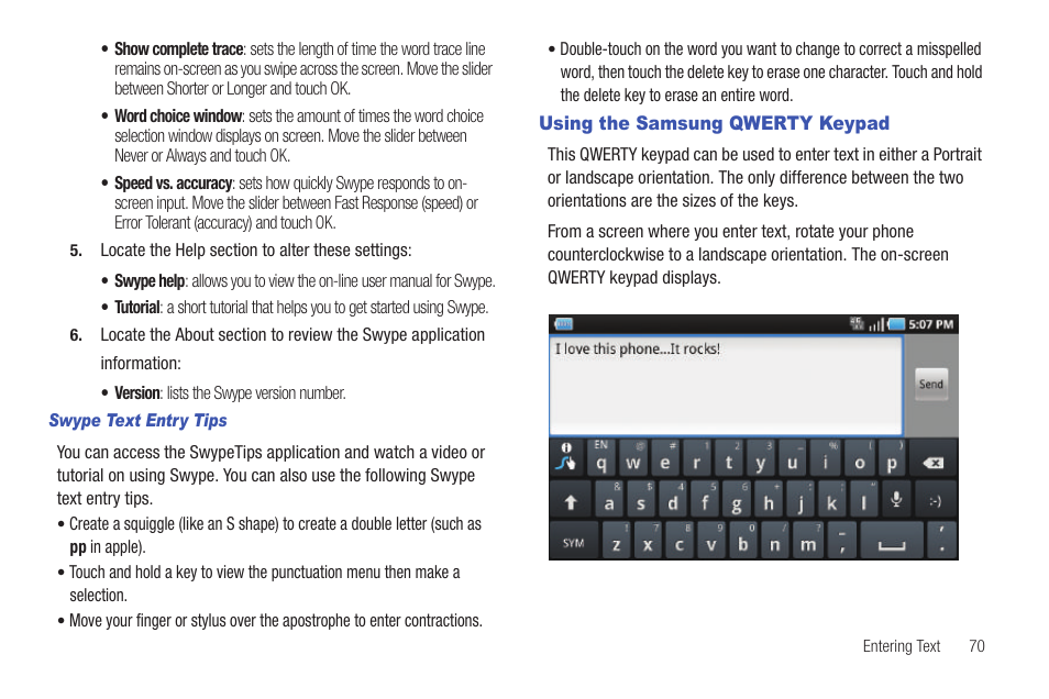 Using the samsung qwerty keypad | Samsung GALAXY S T959 User Manual | Page 75 / 246