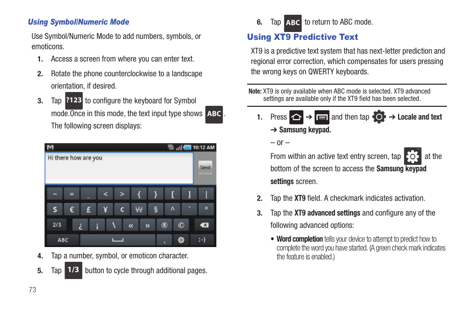 Using xt9 predictive text | Samsung GALAXY S T959 User Manual | Page 78 / 246