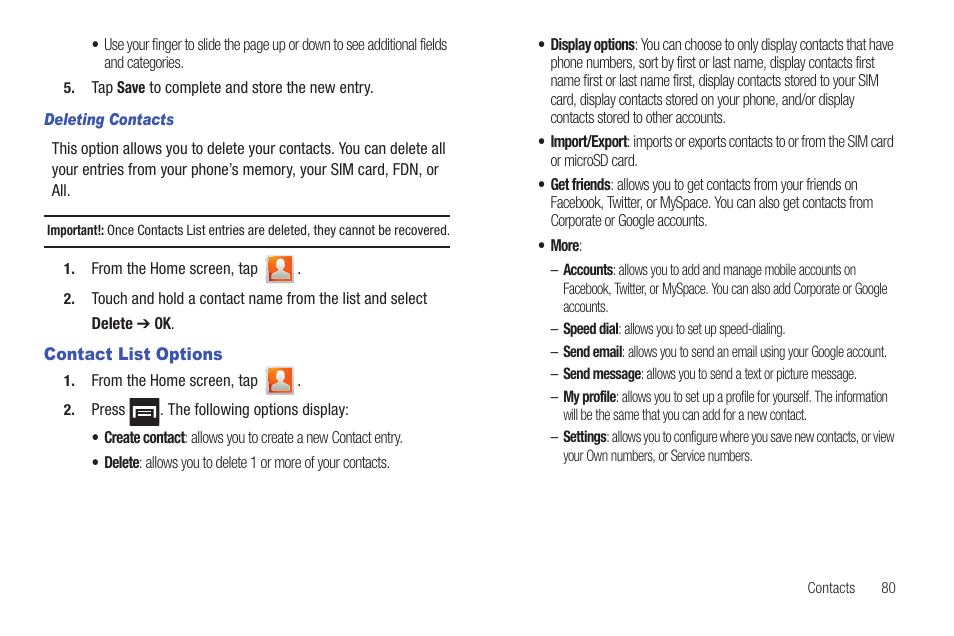 Contact list options | Samsung GALAXY S T959 User Manual | Page 85 / 246