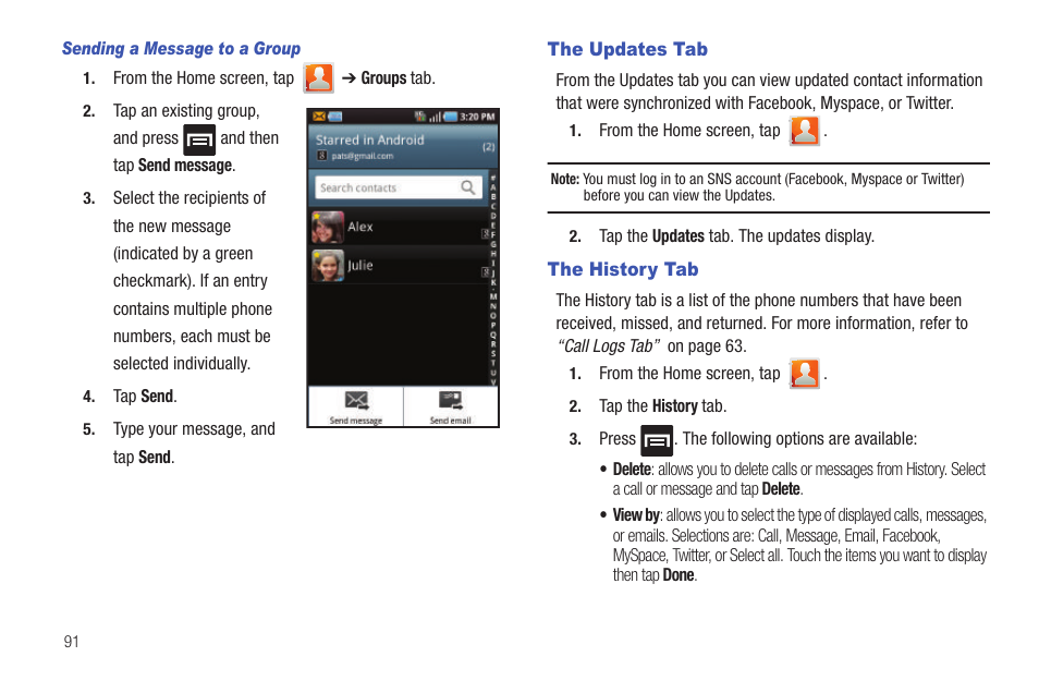 The updates tab, The history tab, The updates tab the history tab | Samsung GALAXY S T959 User Manual | Page 96 / 246