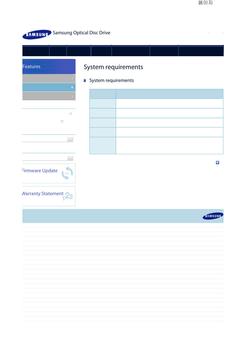 System requirements, Samsung optical disc drive, Features | Firmware update, Warranty statement | Samsung TS-HB43L User Manual | Page 10 / 37