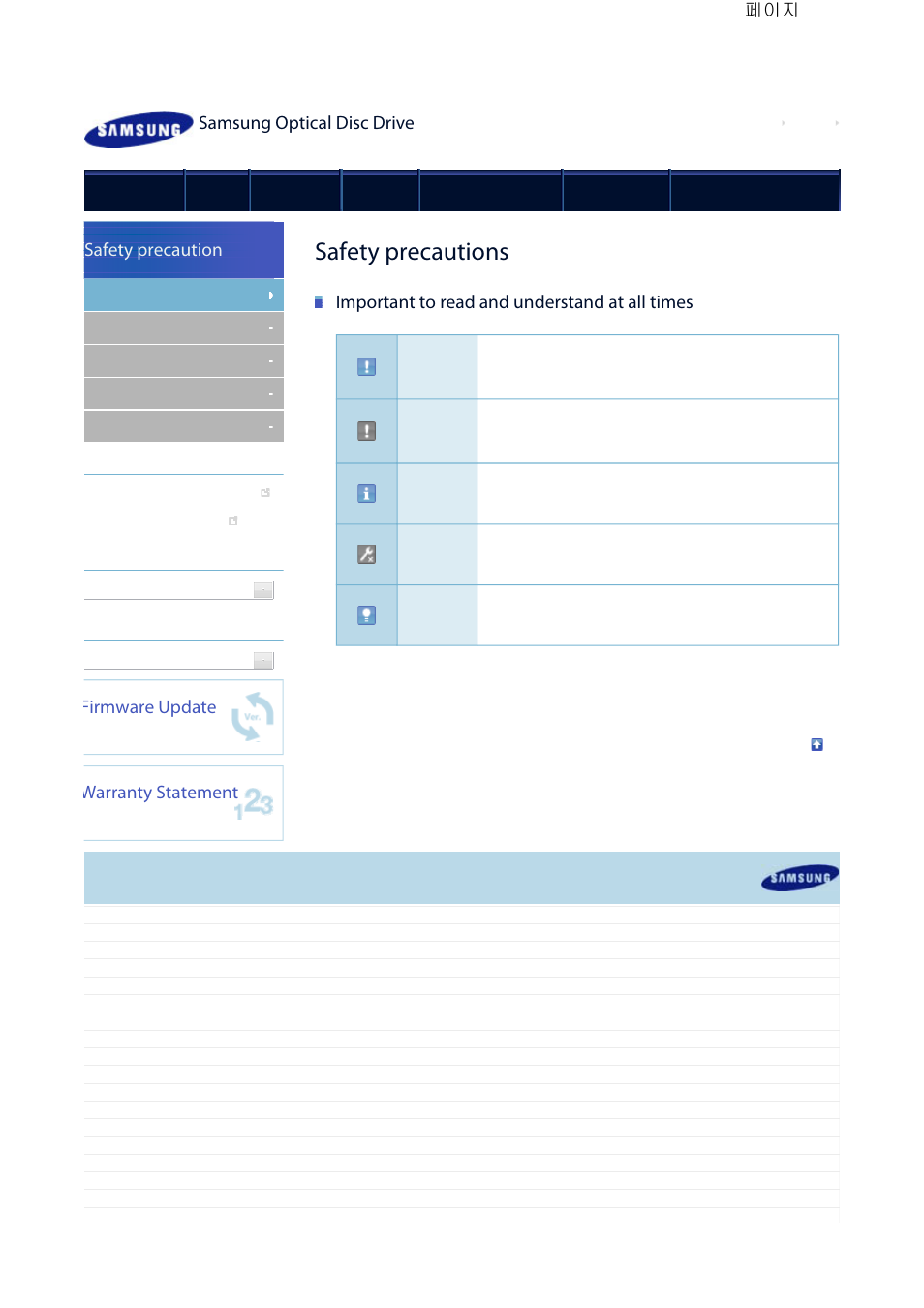 Safety precautions, Samsung optical disc drive, Important to read and understand at all times | Safety precaution, Firmware update, Warranty statement | Samsung TS-HB43L User Manual | Page 2 / 37