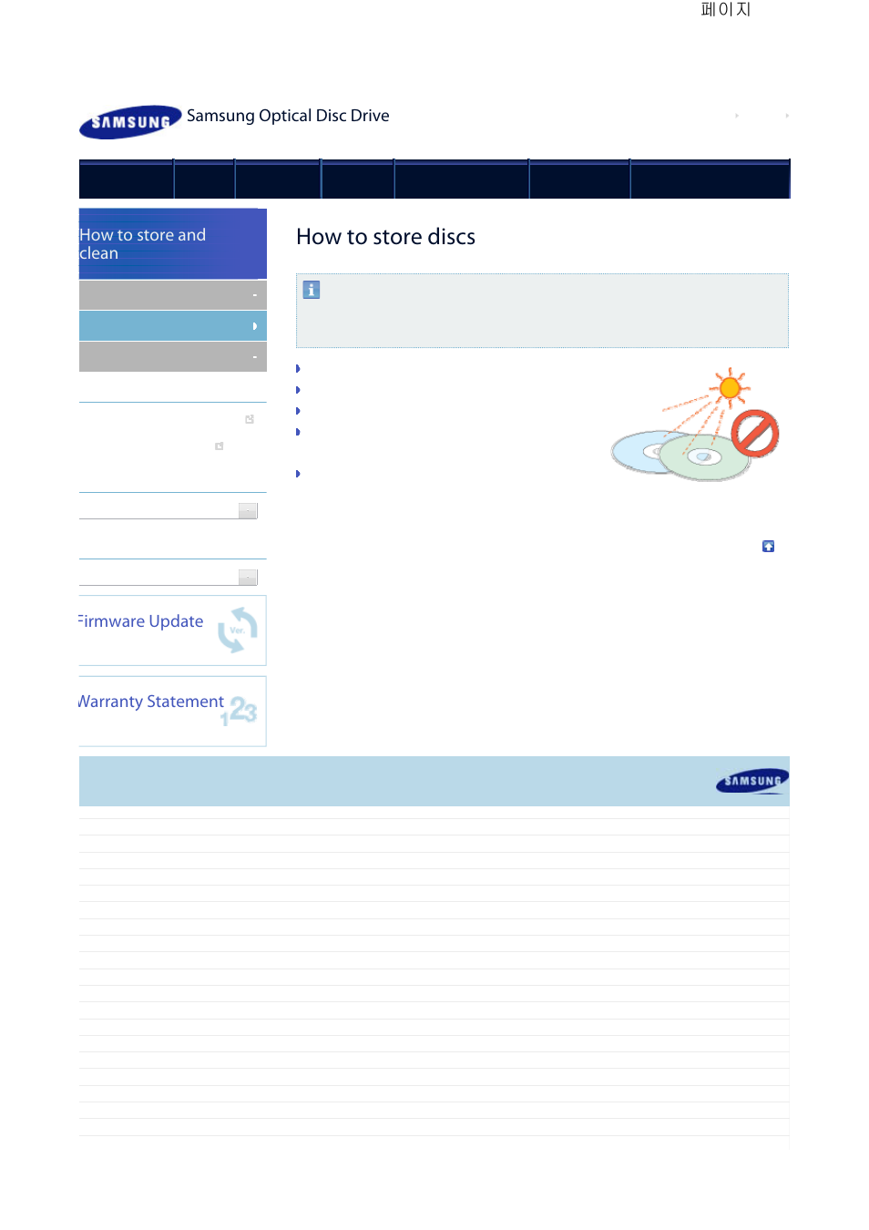 How to store discs, Samsung optical disc drive, How to store and clean | Firmware update, Warranty statement | Samsung TS-HB43L User Manual | Page 27 / 37