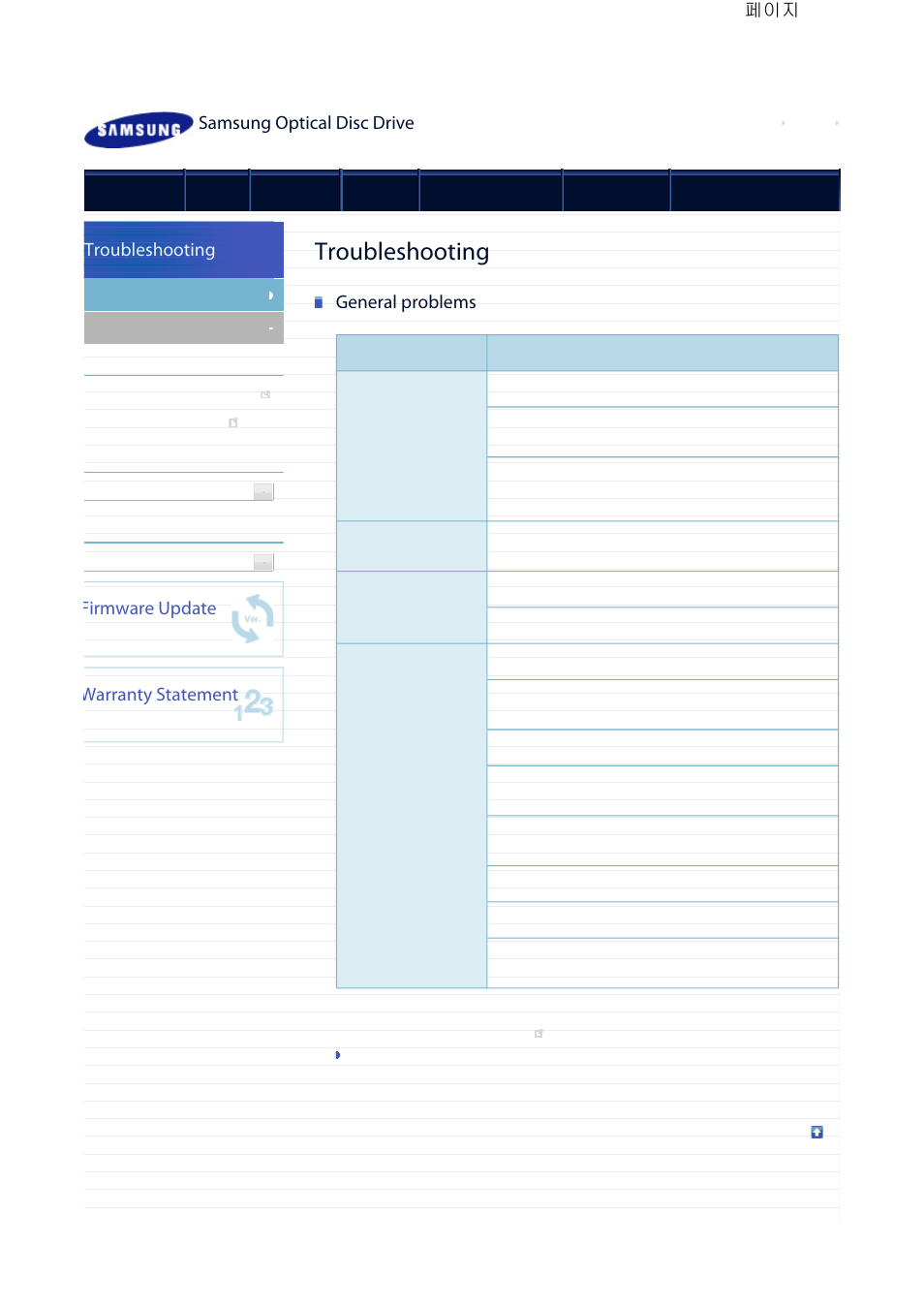 Troubleshooting, Samsung optical disc drive, General problems | Firmware update, Warranty statement | Samsung TS-HB43L User Manual | Page 29 / 37