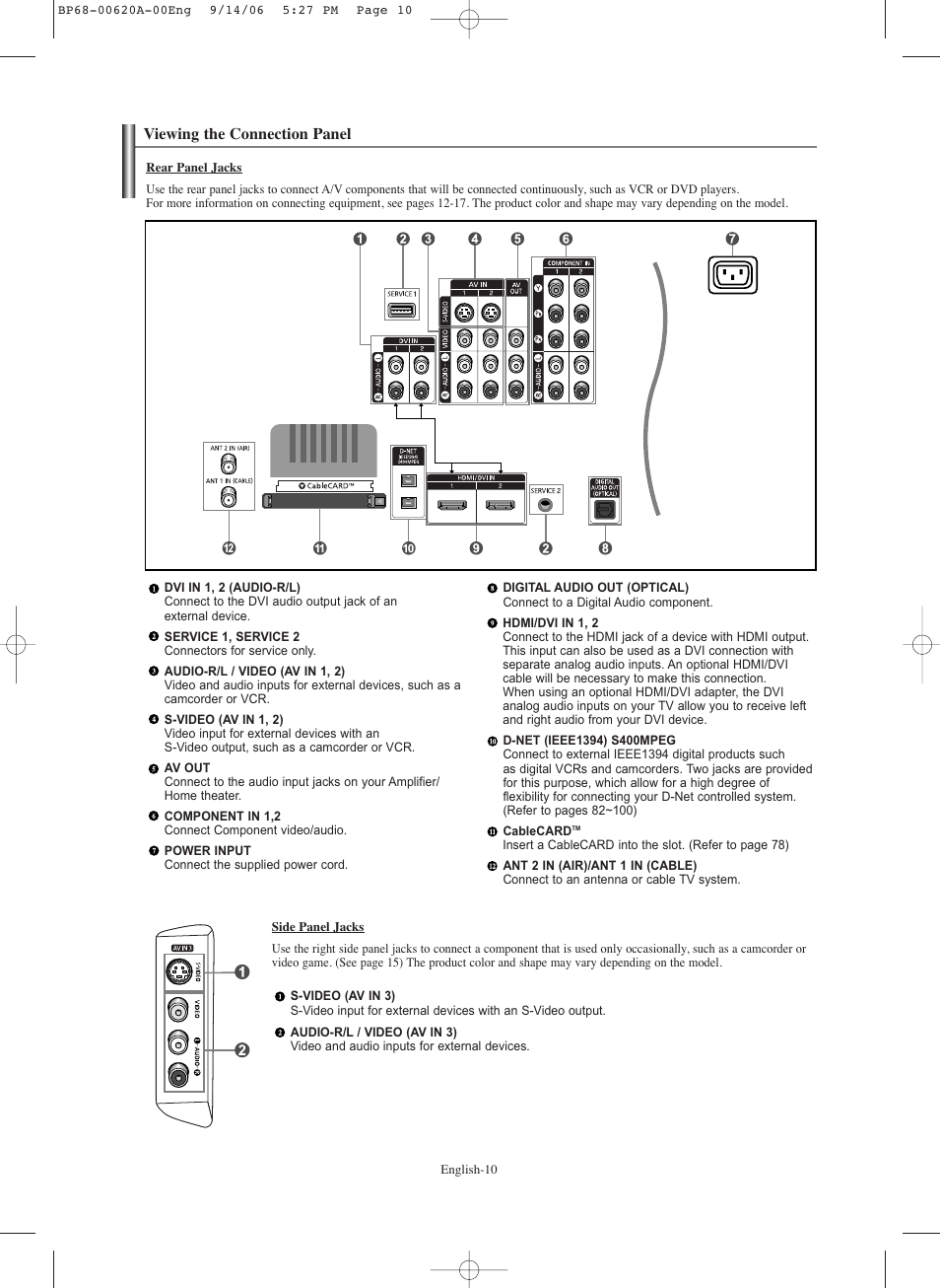 Viewing the connection panel | Samsung HL-S5686C User Manual | Page 10 / 107