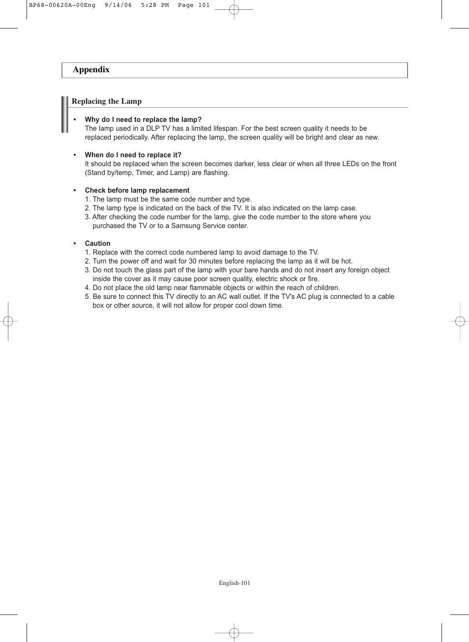 Appendix, Replacing the lamp | Samsung HL-S5686C User Manual | Page 101 / 107