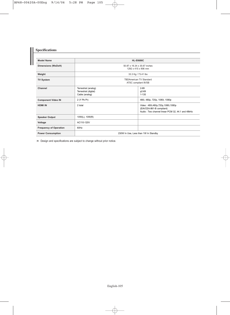 Specifications, English-105 | Samsung HL-S5686C User Manual | Page 105 / 107