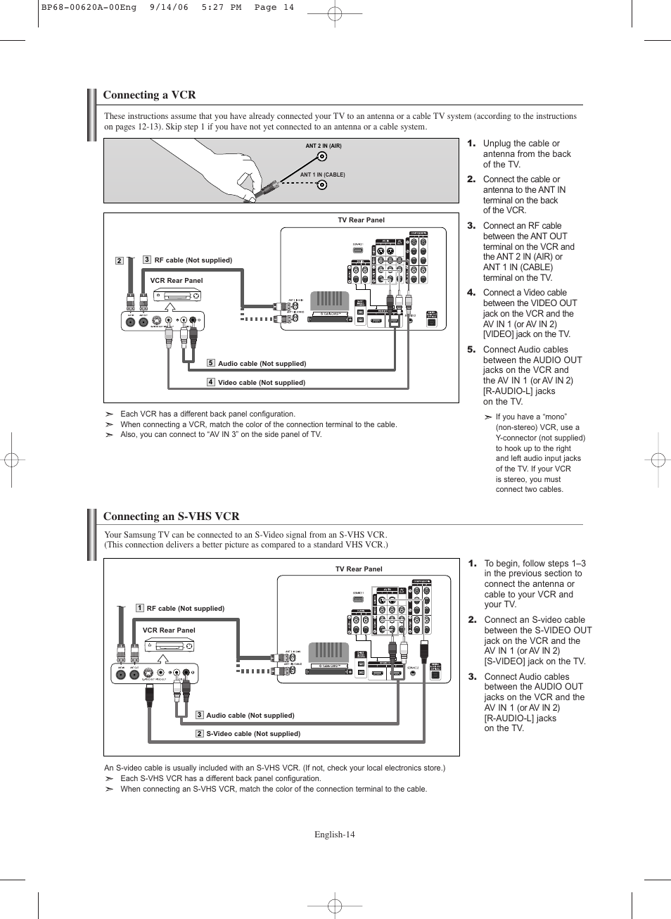 Connecting a vcr, Connecting an s-vhs vcr | Samsung HL-S5686C User Manual | Page 14 / 107