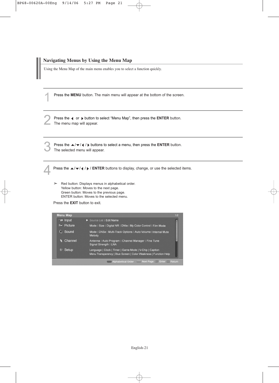 Navigating menus by using the menu map | Samsung HL-S5686C User Manual | Page 21 / 107