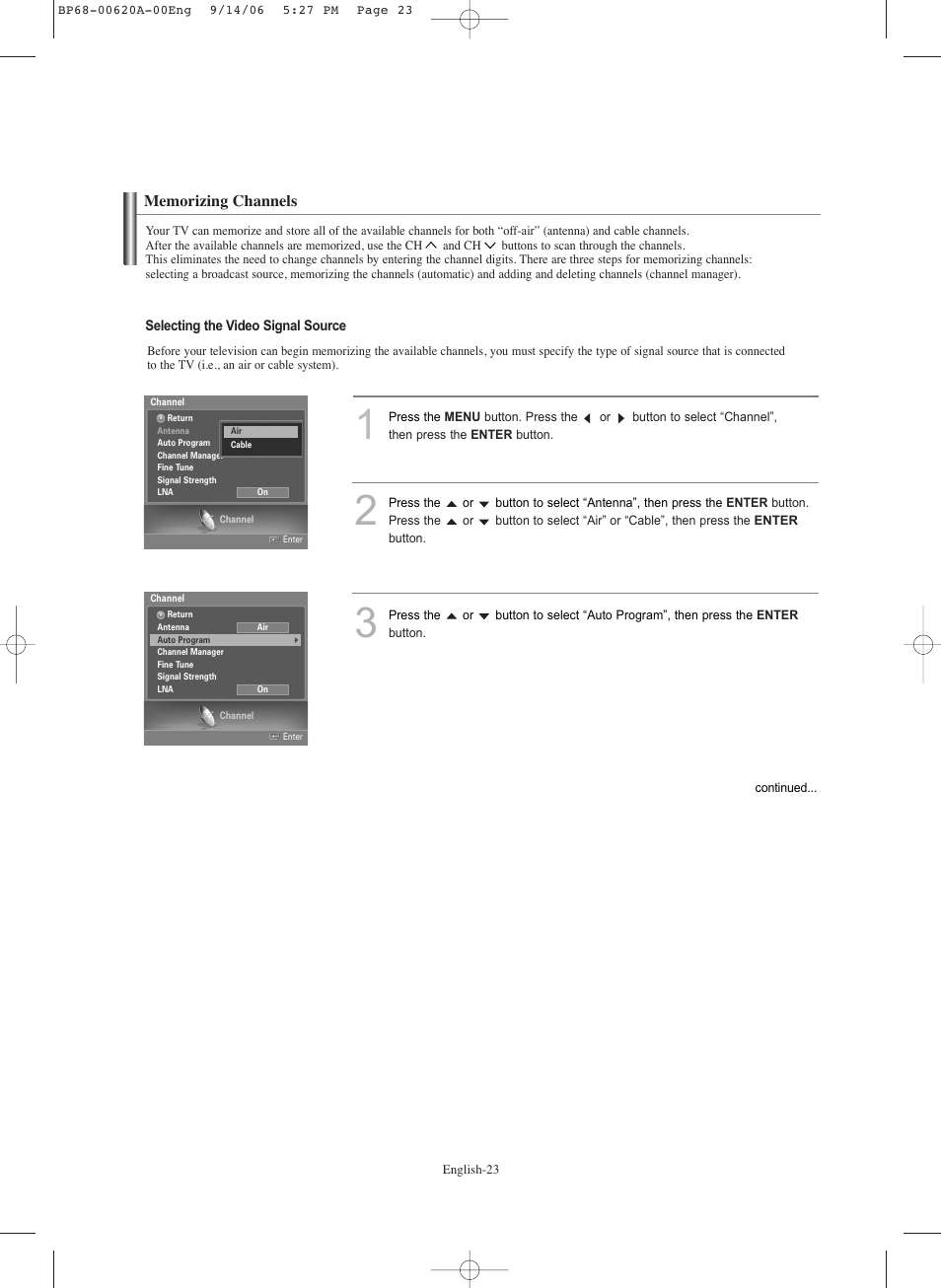 Memorizing channels | Samsung HL-S5686C User Manual | Page 23 / 107